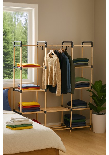 Pazaraza NA04 Moduler %100 Masif Ahşap Açık Gardrop Elbise Askısı ve Raf