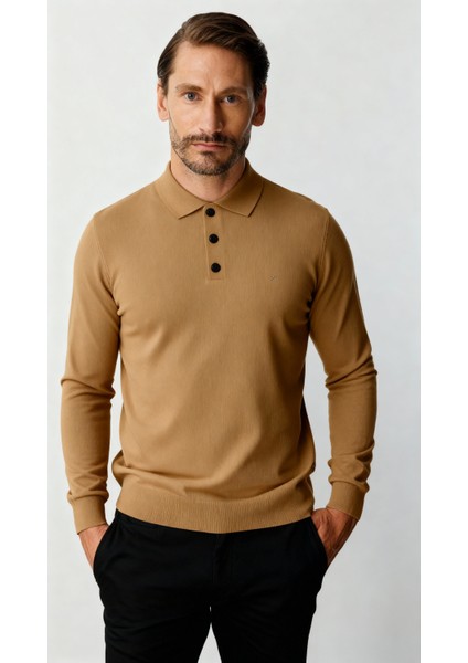 Bej Standart Fit Dar Kalıp Polo Yaka Düz Uzun Kollu Triko