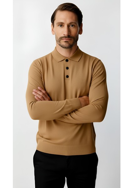 Bej Standart Fit Dar Kalıp Polo Yaka Düz Uzun Kollu Triko fiyatları