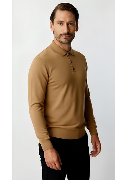 Bej Standart Fit Dar Kalıp Polo Yaka Düz Uzun Kollu Triko modelleri