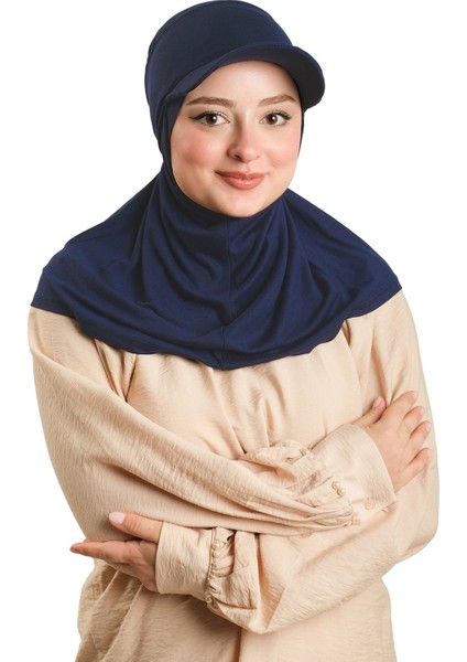 Lacivert Pratik Hazır Geçmeli Şapkalı Tesettür Eşarp Viskon Düz 2513_02