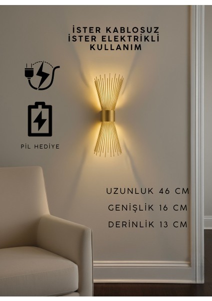 Eskitme Gold Pilli ve Elektrikli Modern Lüks Duvar Aplik Kirpi