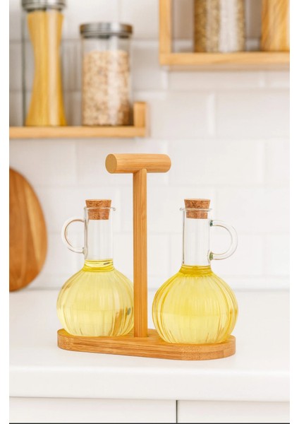 Bambu Standlı 2'li Yağdanlık Seti 2 Adet Bambu Yağlık & Sirkelik Seti