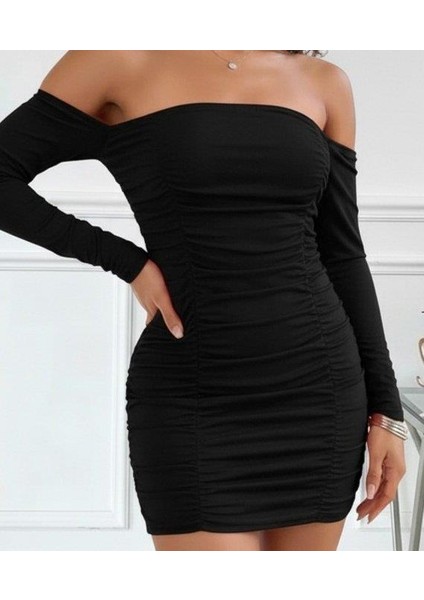 Kadın Uzun Kollu Omuzlardan Açık Takma Kollu Büzgülü Sandy Kısa Elbise fiyatları