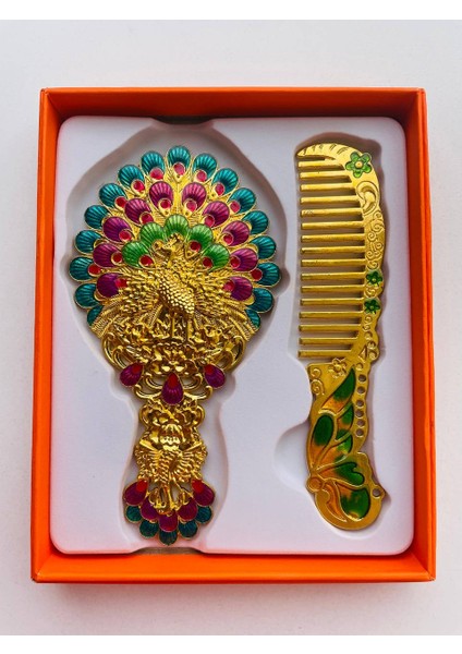 Ayna Tarak Seti, Kutulu-Metal-Hediyelik Takım, 13CM Aynalı Saç Fırçası, Tavuskuşu Figürlü