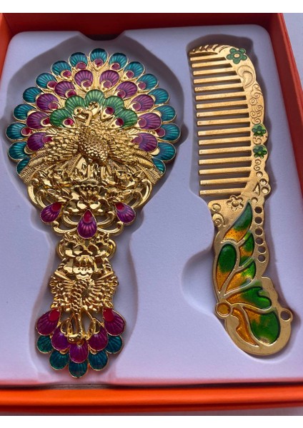 Ayna Tarak Seti, Kutulu-Metal-Hediyelik Takım, 13CM Aynalı Saç Fırçası, Tavuskuşu Figürlü modelleri