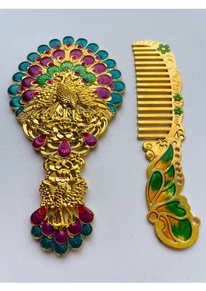 Ayna Tarak Seti, Kutulu-Metal-Hediyelik Takım, 13CM Aynalı Saç Fırçası, Tavuskuşu Figürlü