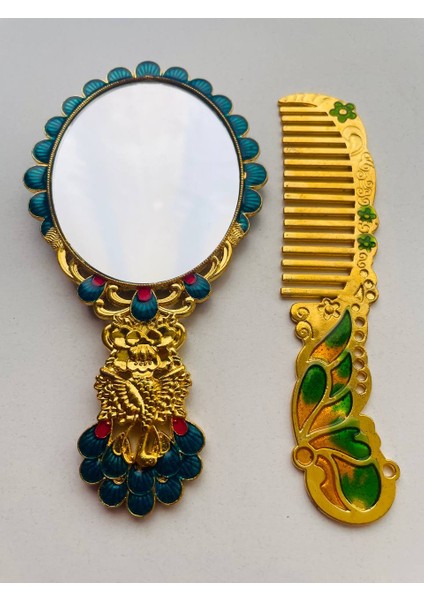 Ayna Tarak Seti, Kutulu-Metal-Hediyelik Takım, 13CM Aynalı Saç Fırçası, Tavuskuşu Figürlü