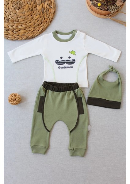 Litaetrend 3-6 6-9 9-12 Ay Gentleman Erkek Nakışlı Şapkalı Uzun Kollu Sweat 3lü Erkek Bebek Takımı Yeşil