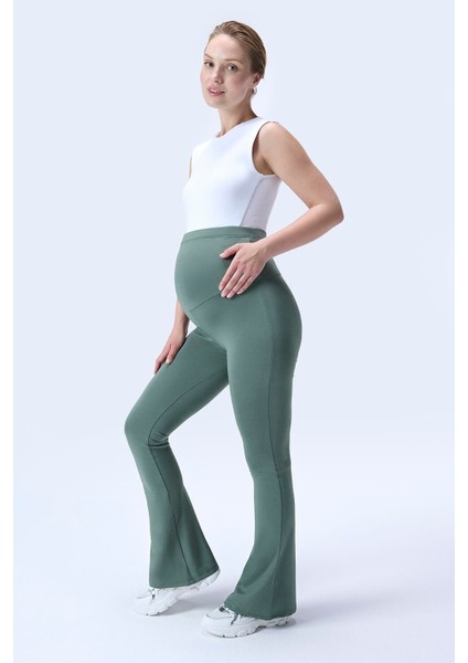 Imaj 716 Yeşil Renk Toparlayıcı ve Extra Esnek Etkili Yüksek Bel Ispanyol Paça Hamile Tayt