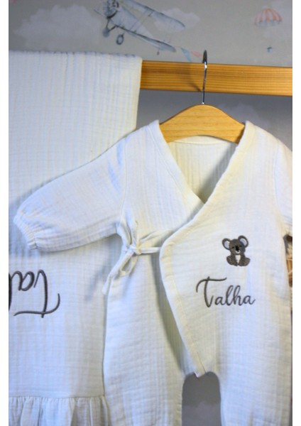 Koala Desenli Isme Özel 6 Parça Yenidoğan Set %100 Pamuk Tulum Battaniye Şapka Yastık Puset Örtüsü fırsatları