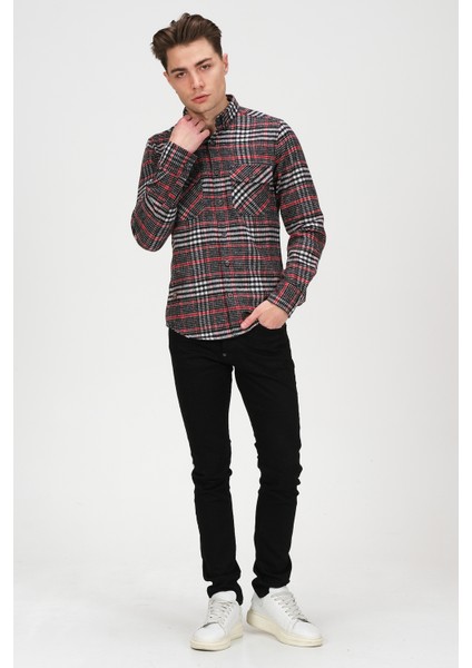 Erkek Siyah Beyaz Kareli Flanel Oduncu Kışlık Cepsiz Gömlek Overshirt