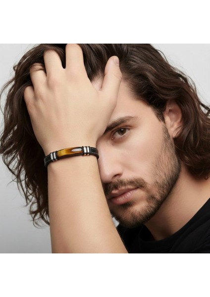 Kaplangözü Taş & Deri Kordonlu Titanyum Çelik Erkek Bileklik 9592B1D1 fiyatları