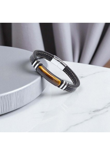 Kaplangözü Taş & Deri Kordonlu Titanyum Çelik Erkek Bileklik 9592B1D1 fırsatları