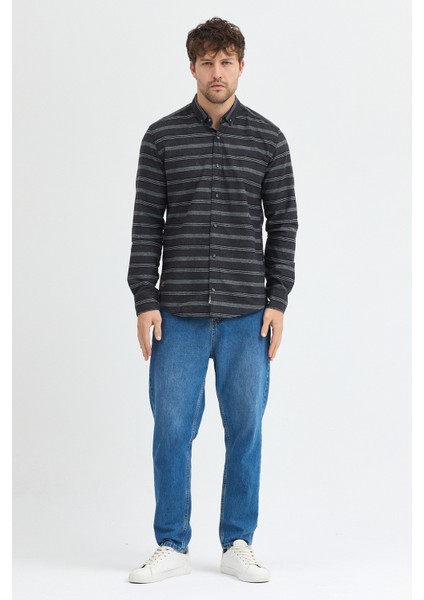 Regular Fit Pamuk Karışımlı Melanj Yatay Çizgili Düğmeli Yaka Gömlek