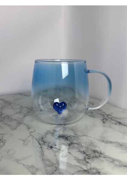 Borosilikat Mavi Kalp Desenli Bardak | Yelkovanstudio