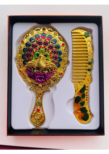 Ayna Tarak Seti, Kutulu-Metal-Hediyelik Takım, 13CM Aynalı Saç Fırçası, Tavuskuşu Figürlü