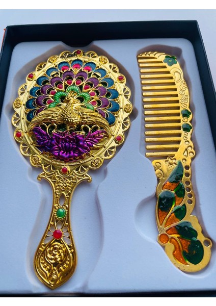 Ayna Tarak Seti, Kutulu-Metal-Hediyelik Takım, 13CM Aynalı Saç Fırçası, Tavuskuşu Figürlü modelleri