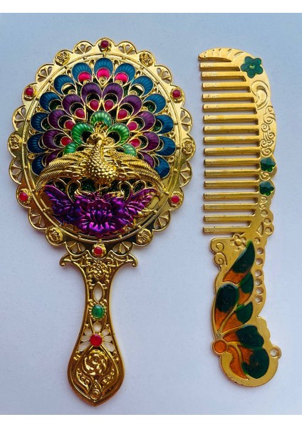Ayna Tarak Seti, Kutulu-Metal-Hediyelik Takım, 13CM Aynalı Saç Fırçası, Tavuskuşu Figürlü indirimleri
