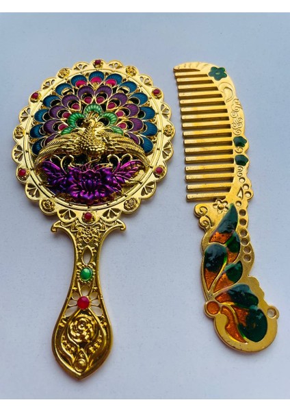 Ayna Tarak Seti, Kutulu-Metal-Hediyelik Takım, 13CM Aynalı Saç Fırçası, Tavuskuşu Figürlü