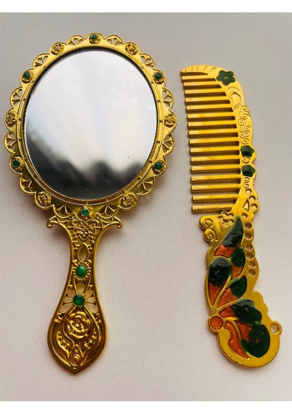 Ayna Tarak Seti, Kutulu-Metal-Hediyelik Takım, 13CM Aynalı Saç Fırçası, Tavuskuşu Figürlü