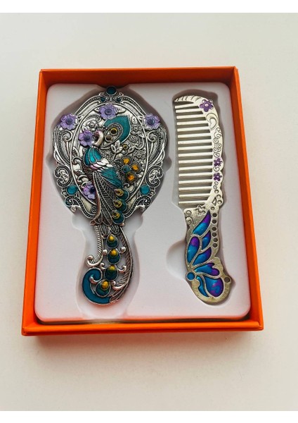 Ayna Tarak Seti, Kutulu-Metal-Hediyelik Takım, 13CM Aynalı Saç Fırçası, Tavuskuşu Figürlü modelleri