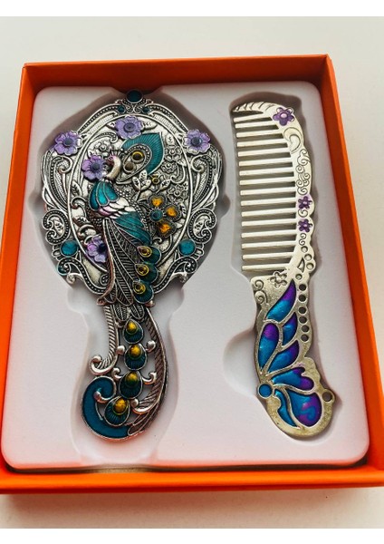 Ayna Tarak Seti, Kutulu-Metal-Hediyelik Takım, 13CM Aynalı Saç Fırçası, Tavuskuşu Figürlü fırsatları