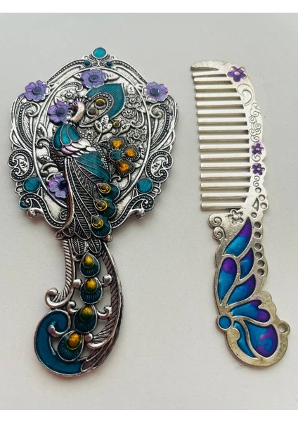 Ayna Tarak Seti, Kutulu-Metal-Hediyelik Takım, 13CM Aynalı Saç Fırçası, Tavuskuşu Figürlü