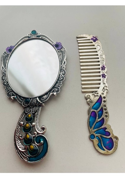 Ayna Tarak Seti, Kutulu-Metal-Hediyelik Takım, 13CM Aynalı Saç Fırçası, Tavuskuşu Figürlü