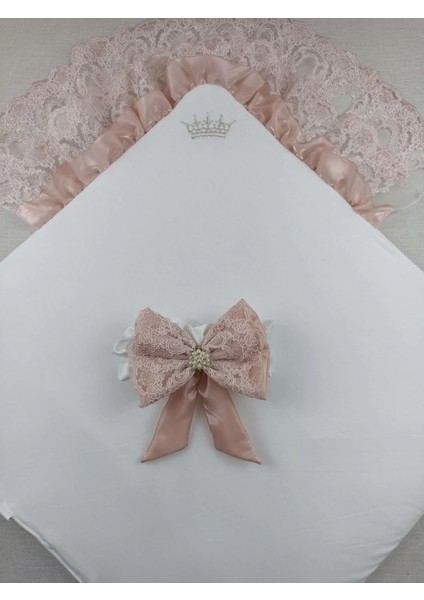 Litaetrend Sahra Taç Nakışlı Inci ve Dantel Fiyonklu Çift Dantel Duvaklı Trilüks Kundak Bebek Battaniyesi Gül Kurusu modelleri