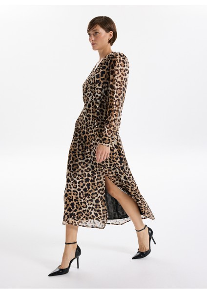 V Yaka Desenli Bej - Siyah Mini Kadın Elbise F5WL-ELB0362