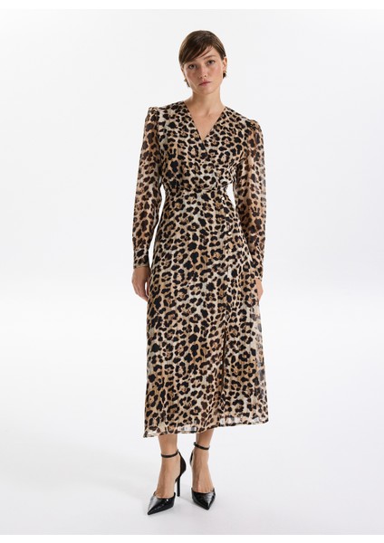 V Yaka Desenli Bej - Siyah Mini Kadın Elbise F5WL-ELB0362 fiyatları