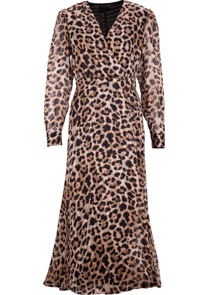 V Yaka Desenli Bej - Siyah Mini Kadın Elbise F5WL-ELB0362 modelleri