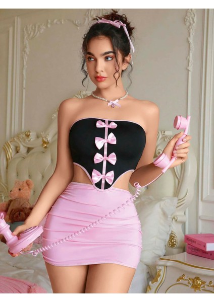 Kadın Pembe Etekli Fiyonk Detaylı Sexy Kostüm 8010