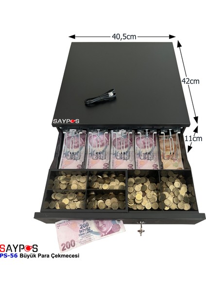 5 Geniş Banknot Gözlü Pos Bağlantılı ve Anahtardan Açılır Büyük Para Çekmecesi 40,5X42X11CM fiyatları