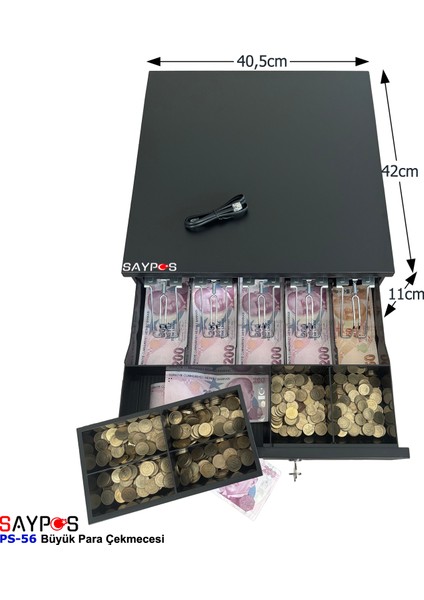 5 Geniş Banknot Gözlü Pos Bağlantılı ve Anahtardan Açılır Büyük Para Çekmecesi 40,5X42X11CM modelleri