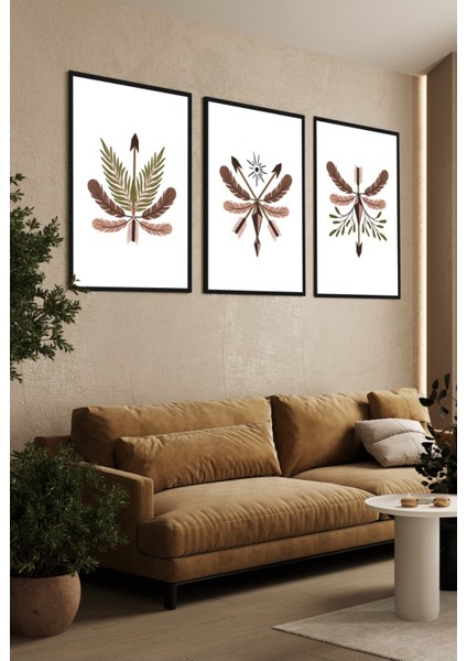 Ok ve Tüy Senfonisi Soyut Bohem Çerçeve Görünümlü 3 'lü Set Mdf Tablo fiyatları