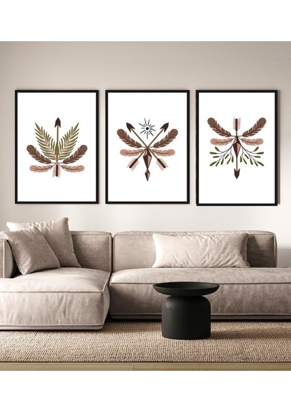 Ok ve Tüy Senfonisi Soyut Bohem Çerçeve Görünümlü 3 'lü Set Mdf Tablo indirimleri