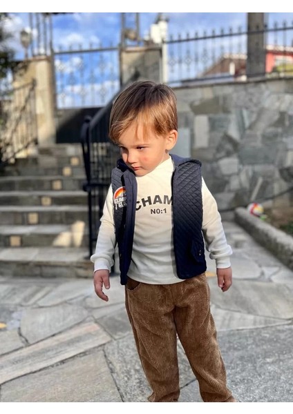 Litaetrend 3-4-5 Yaş Fitilli Kadife Pantolon Kapitone Kapşonlu Yelek Uzun Kollu Sweat 3lü Erkek Çocuk Takımı Lacivert