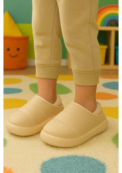 Peluş Içi Yünlü Kışlık Panduf Bej Çocuk Ev Terliği
