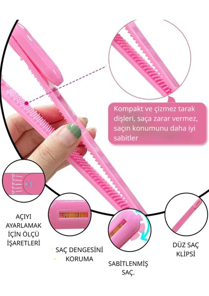 Saç Kesme & Kakül Düzeltme Seti – 3’lü Profesyonel Bangs Trimming Ruler Set (2 Adet Kakül Cetveli + 1 Adet Saç Inceltme Makası) | Abs + Paslanmaz Çelik, Düz & Kavisli Klips, Terazi Göstergeli