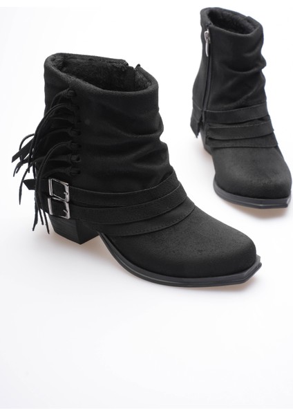 Kadın Süet Bot Büzgülü Topuklu Püsküllü Siyah Ferra