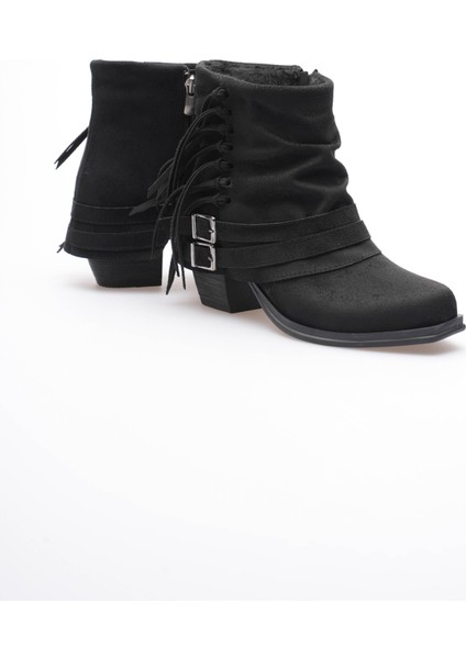 Kadın Süet Bot Büzgülü Topuklu Püsküllü Siyah Ferra modelleri