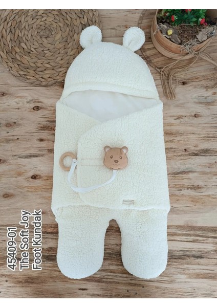 Litaetrend Yenidoğan Kulaklı Şapkalı Açılır Kucaklı Cırt Kapamalı Ayaklı Bebek Battaniyesi Kundak Krem