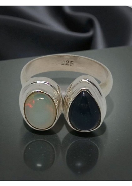 El Işçiliği Siyah ve Beyaz Opal Taşlı 925 Ayar Gümüş Kadın Yüzük – 17 Numara fiyatları