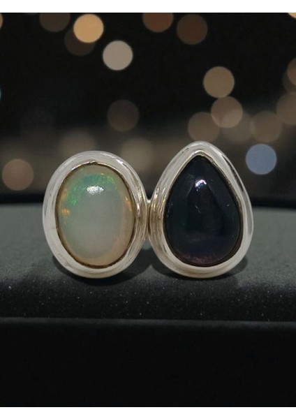 El Işçiliği Siyah ve Beyaz Opal Taşlı 925 Ayar Gümüş Kadın Yüzük – 17 Numara fırsatları