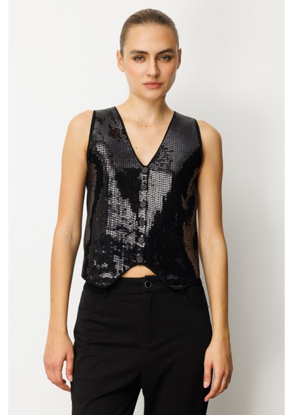 Kadın Önü Pullu Triko Kumaş Yelek 60918 Siyah