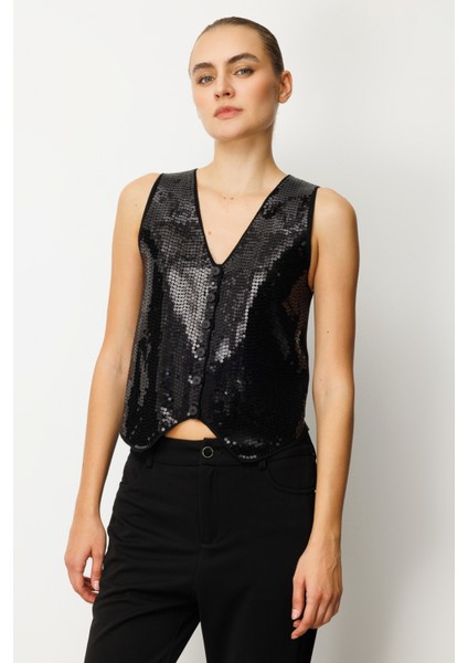 Kadın Önü Pullu Triko Kumaş Yelek 60918 Siyah fiyatları