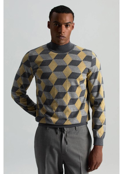 Merino Yünü Baklava Desen Lupetto Yaka Orta Gri Triko