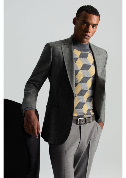 Merino Yünü Baklava Desen Lupetto Yaka Orta Gri Triko fiyatları